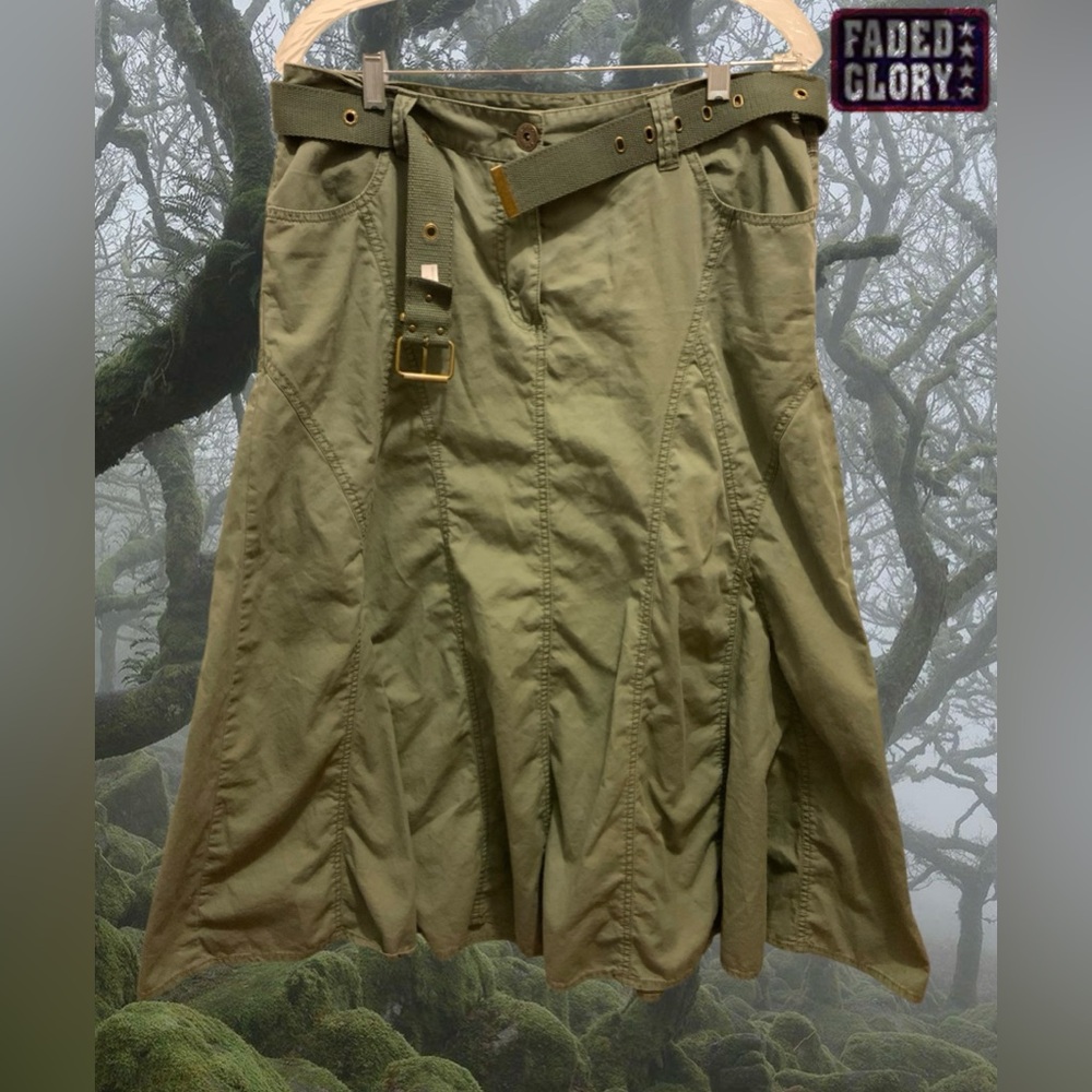 VTG 2000s FADED GLORY Green A-Line Cargo Maxi Skirt w/Belt Ladies Size 12